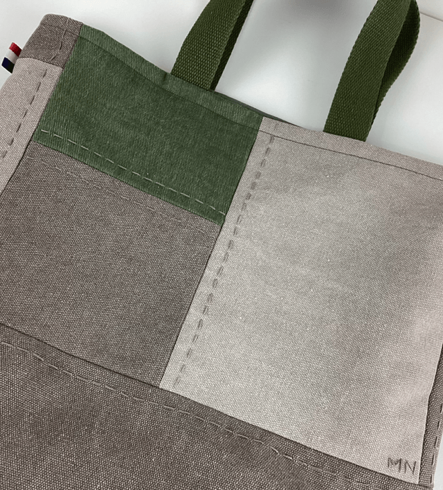 Tote bag patchwork Sashiko kaki/beige