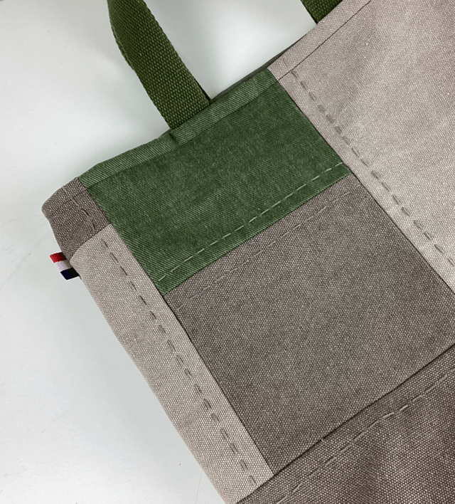 Tote bag patchwork Sashiko kaki/beige